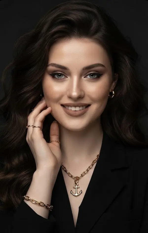 Studio portrait of woman with gold jewelry