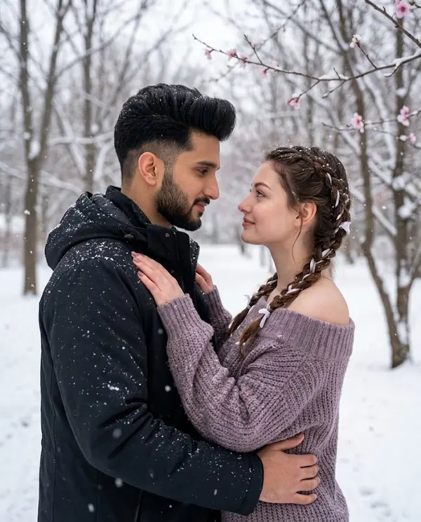 Winter Romance Couple Portrait Snowfall