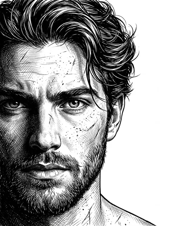 Neo-noir assassin portrait ink engraving