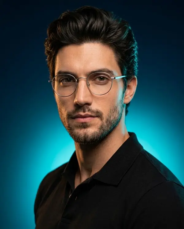Professional studio portrait with cyan rim lighting
