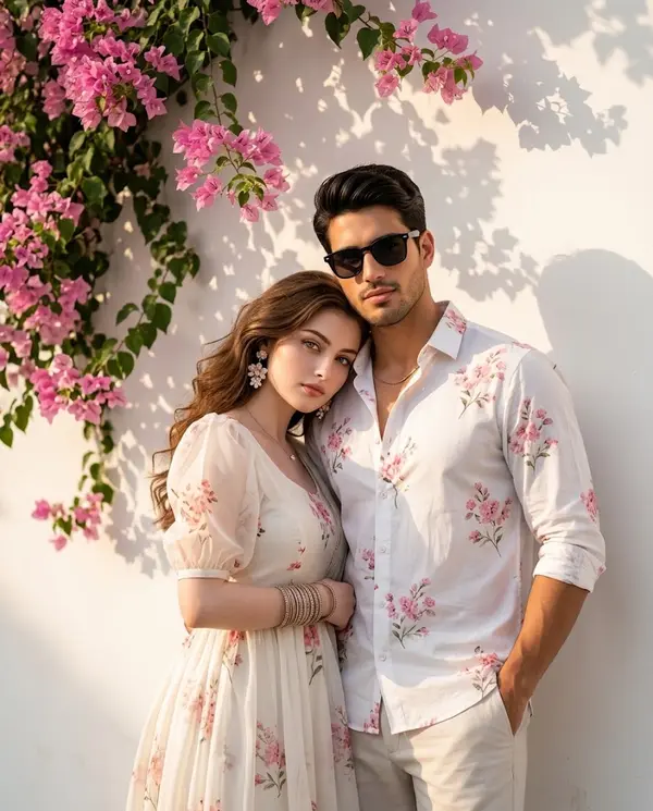 Romantic couple portrait golden hour bougainvillea