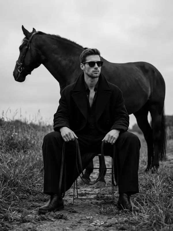 Equestrian Portrait with Horse in Monochrome