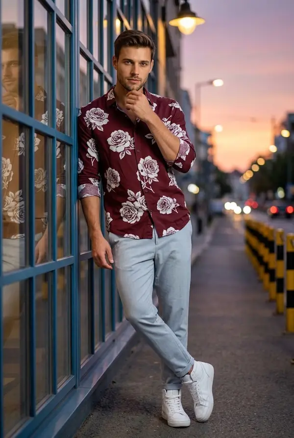 Stylish man fashion portrait dusk window