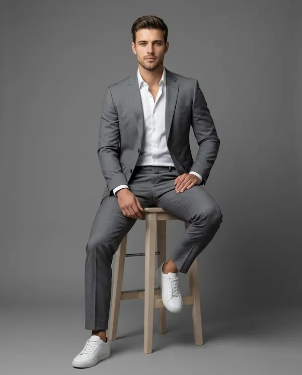 Confident man studio portrait tailored gray suit