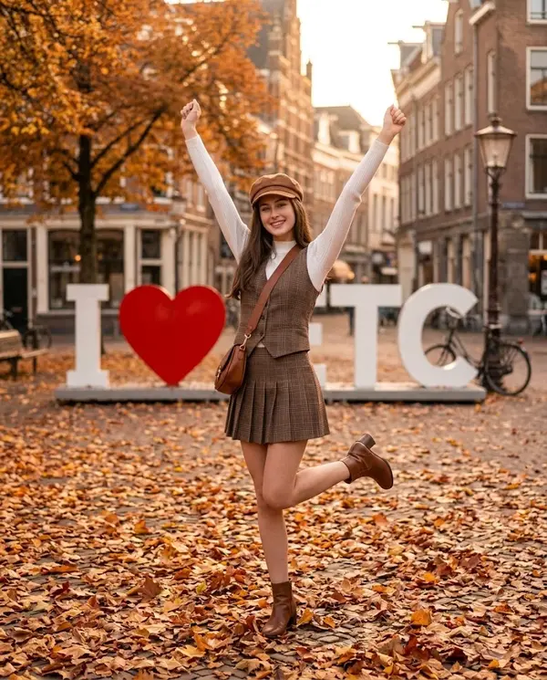 Young woman autumn plaza travel portrait playful