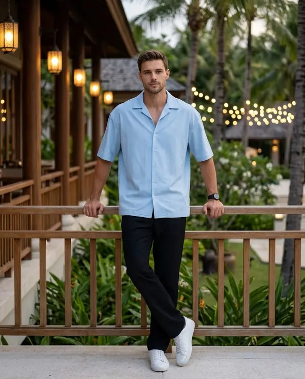 Luxury tropical resort lifestyle portrait blue hour