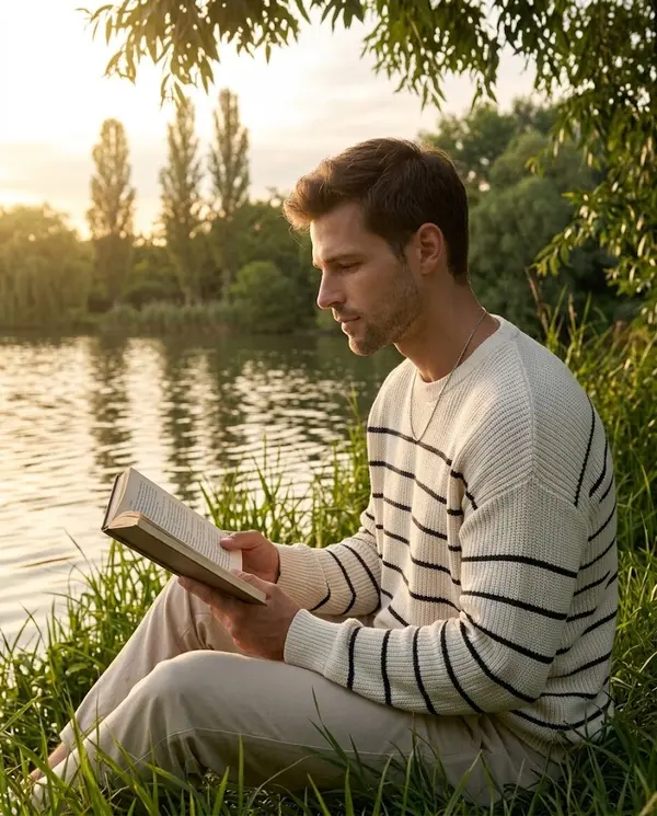 Contemplative Reader by Golden Hour Lake