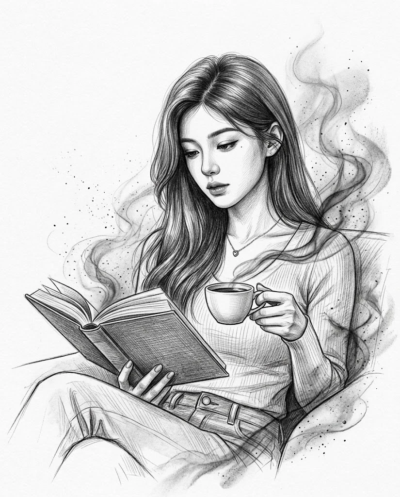 Black and white artistic portrait with book and coffee image 1