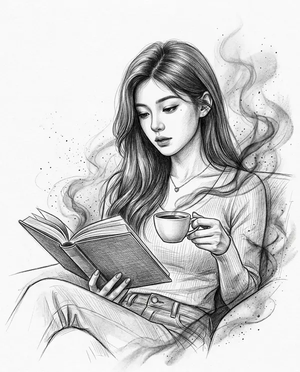 Black and white artistic portrait with book and coffee