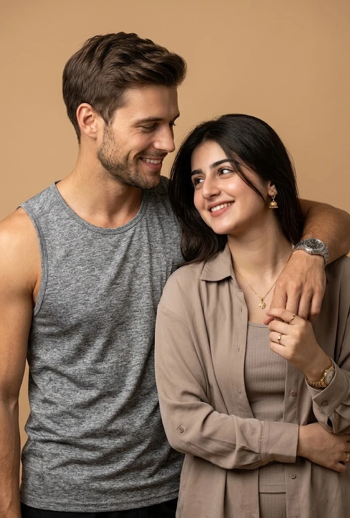 Intimate studio couple portrait warm earth tones image 1