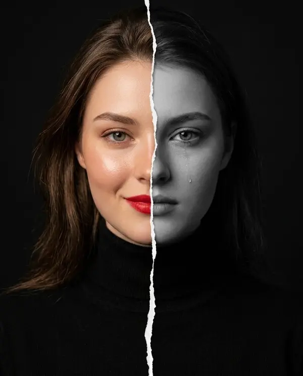 Duality portrait cinematic split color monochrome