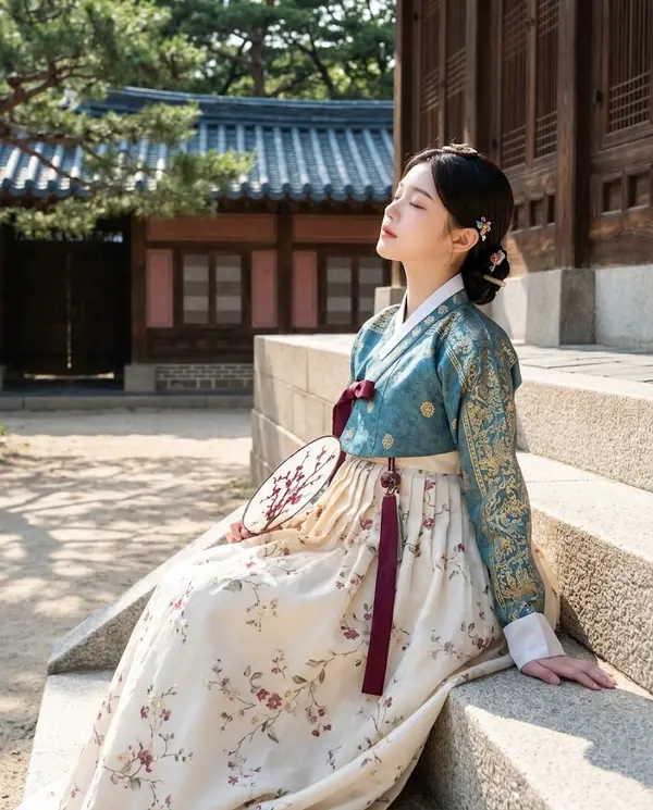 Woman in Traditional Hanbok on Palace Steps