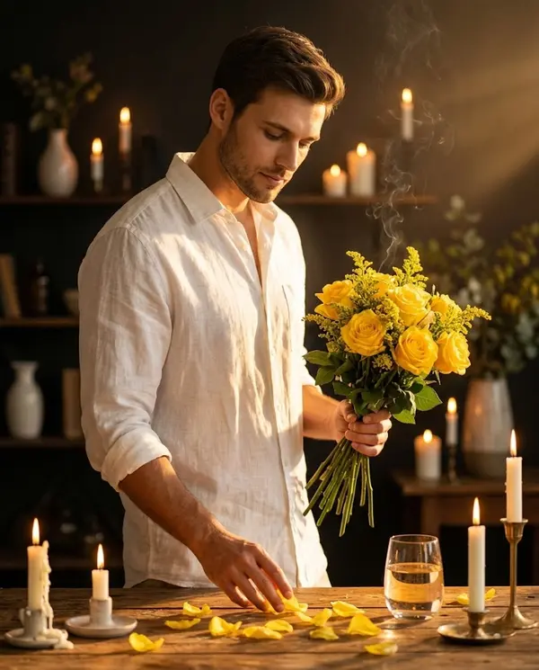 Cinematic Portrait with Yellow Roses and Candlelight