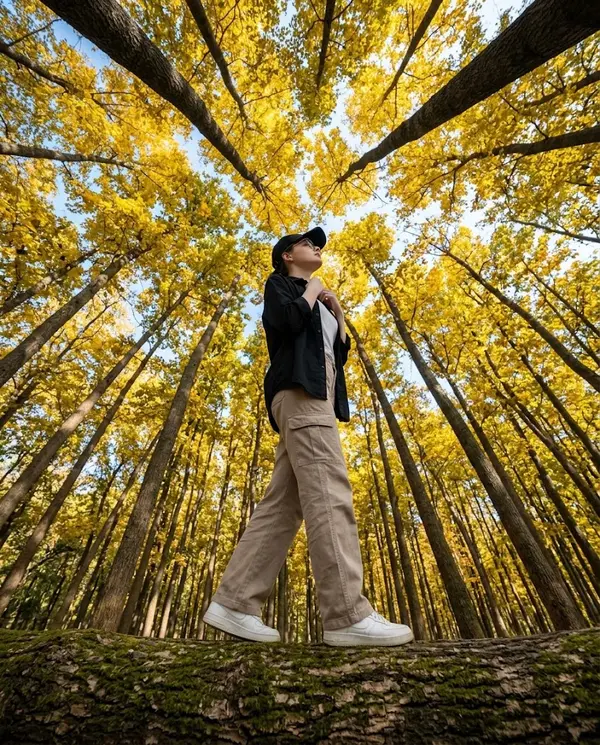 Woman in Autumn Forest Worm's Eye View