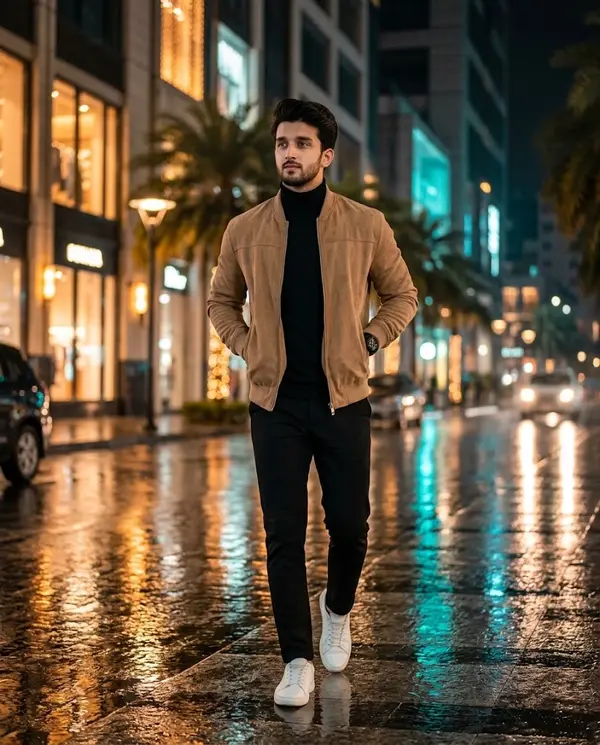 Confident man walking rain soaked city street night
