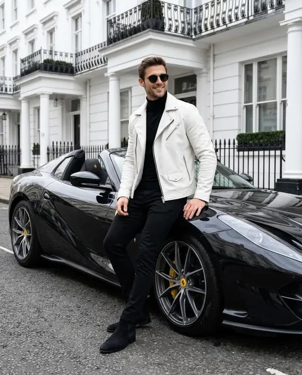 Luxury lifestyle portrait with black Ferrari