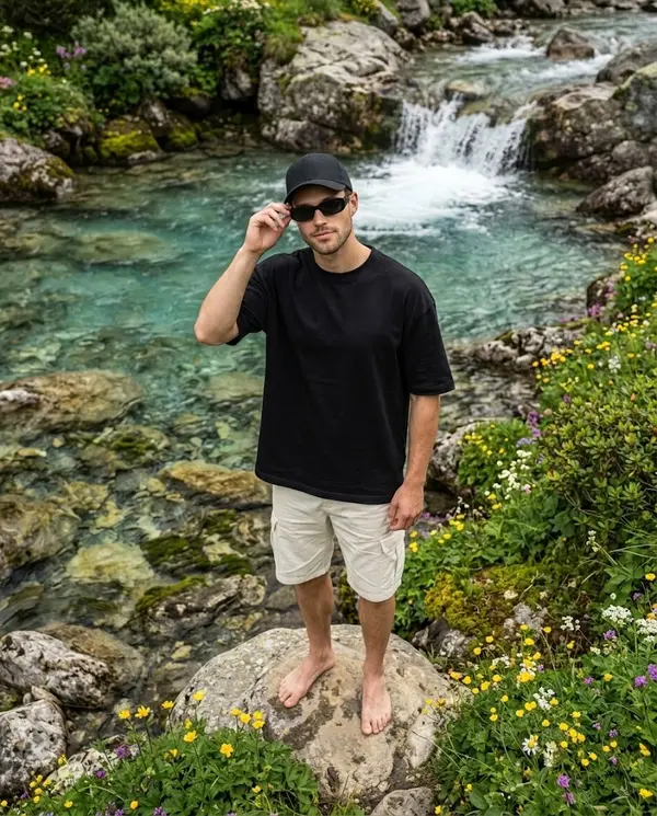 Male traveler portrait by mountain stream