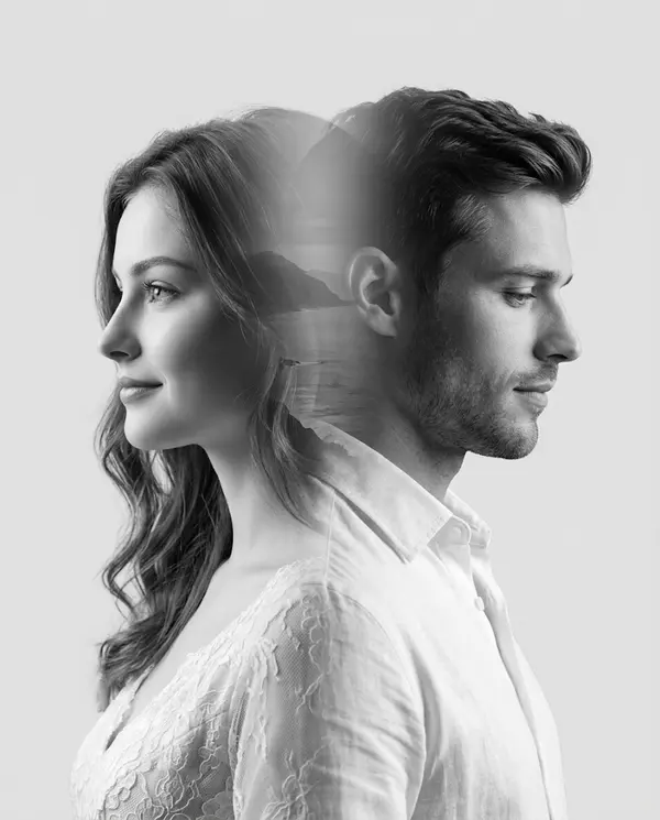 Grey and white double exposure wedding portrait