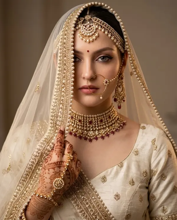 Hyper-realistic bridal portrait with gold jewelry veil