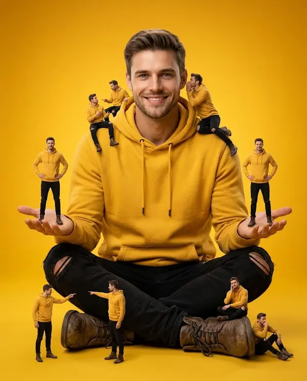 Man with Tiny Clones Studio Portrait
