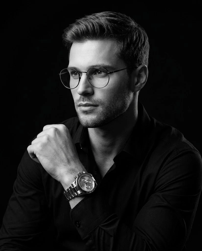 Contemplative Man Black White Studio Portrait image 1