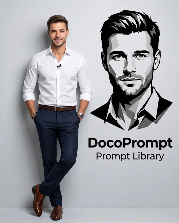Professional full-body portrait with geometric vector overlay