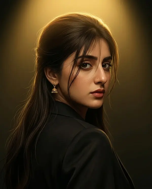 Man in black suit dramatic portrait over shoulder