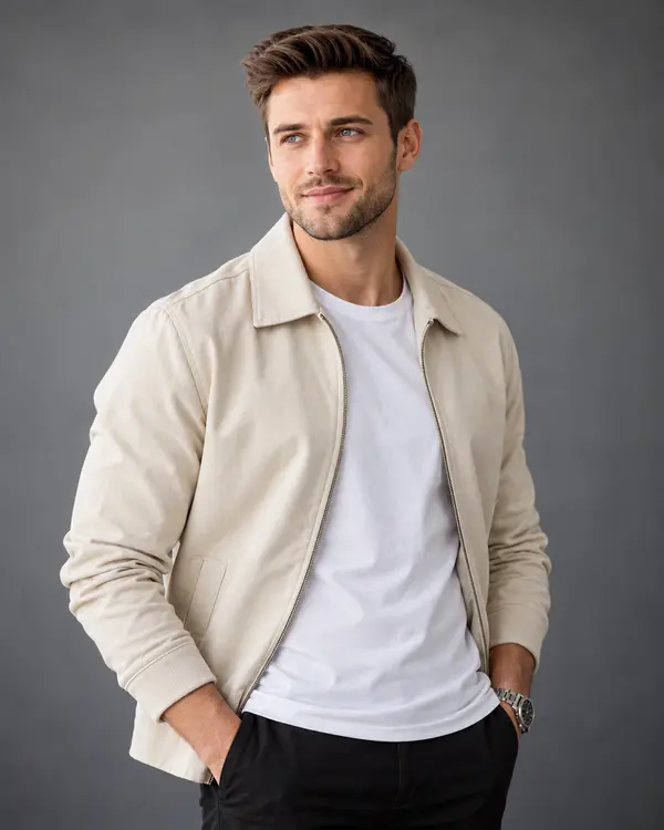 Photorealistic studio portrait cream jacket