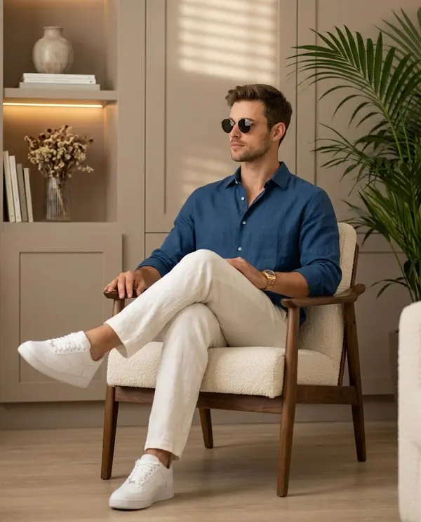 Professional lifestyle fashion portrait seated man