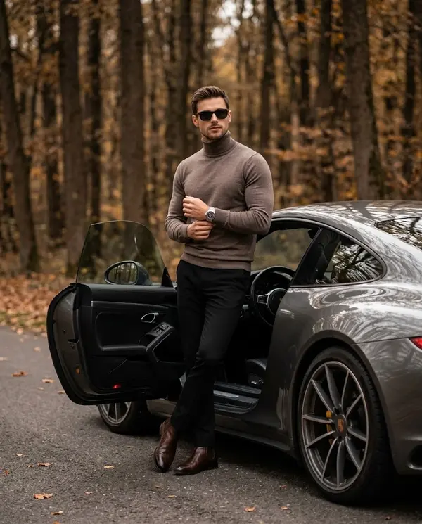 Luxury automotive fashion editorial autumn forest