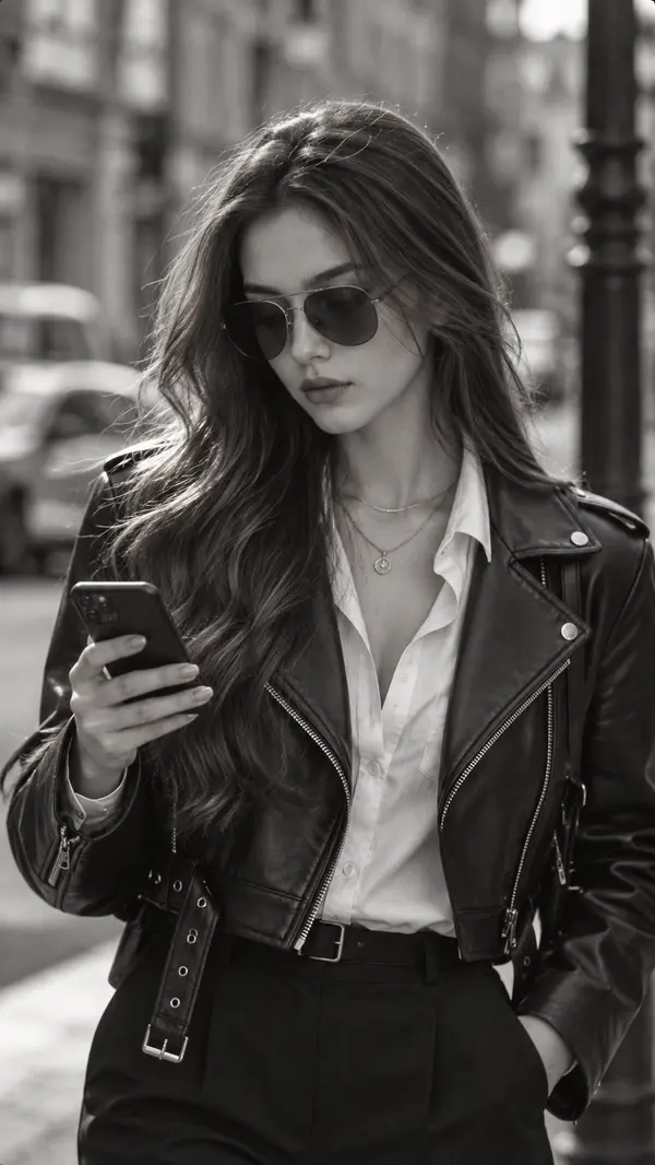 Monochrome street style portrait with smartphone