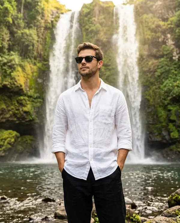 Young Man at Waterfall Portrait Cinematic