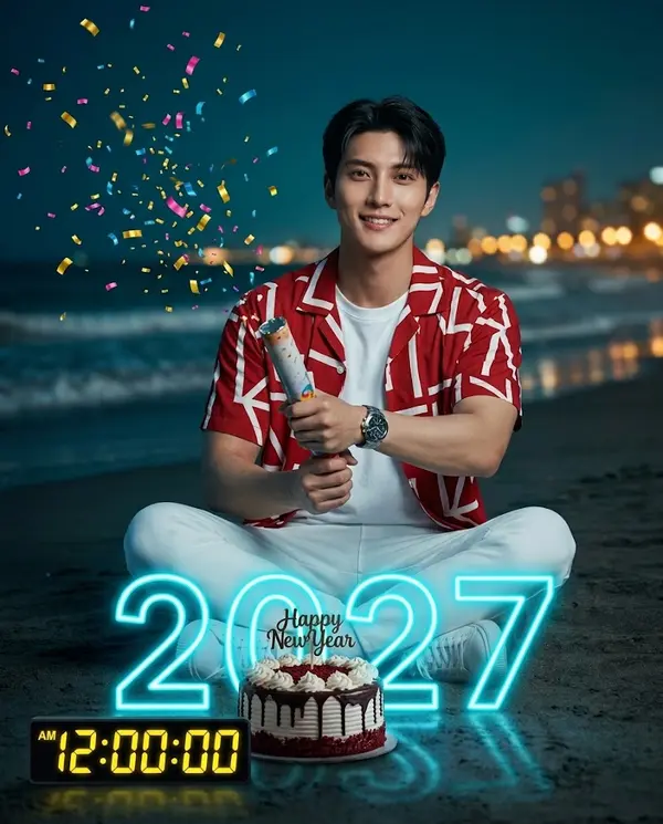 Young Man New Year Beach Portrait Celebration