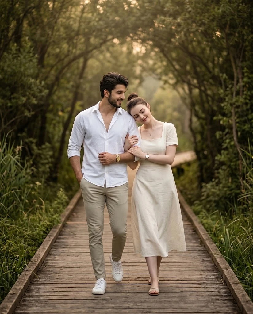 Romantic Couple Golden Hour Boardwalk Portrait image 1