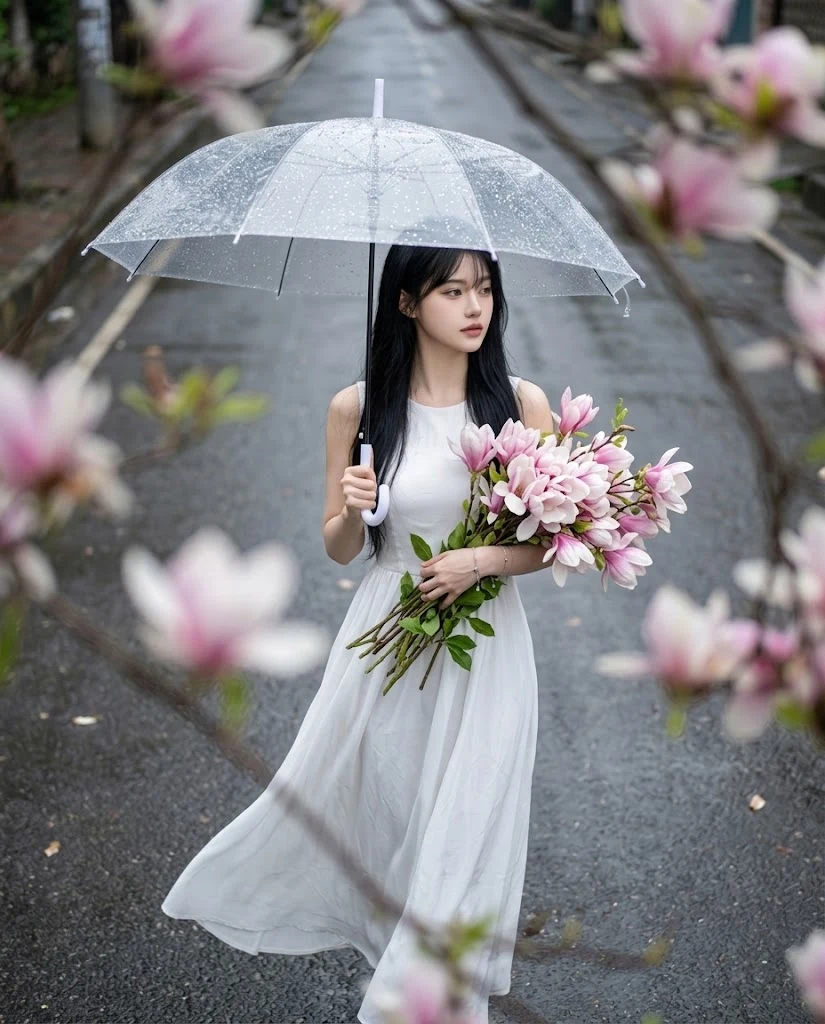 Korean Woman in Rain with Magnolia Flowers image 1