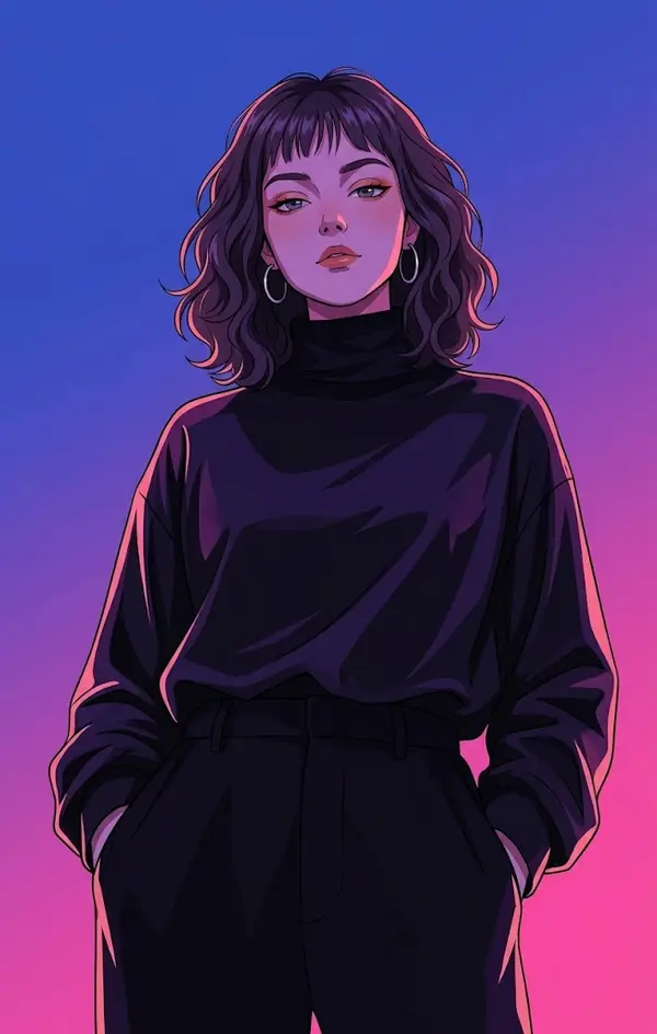 Retro-modern anime woman neon portrait