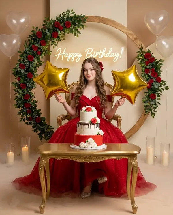 Luxury Birthday Studio Portrait Red Ball Gown