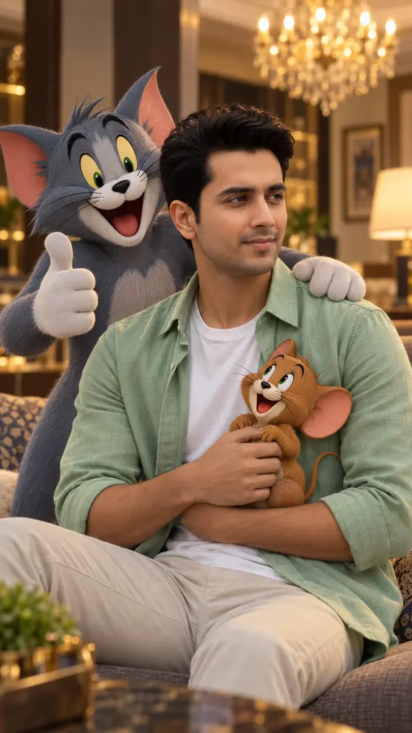 Young man with cartoon characters cinematic blend