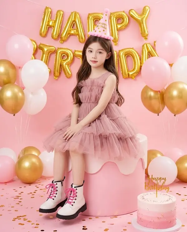 Young Girl Birthday Studio Portrait Pink Cake
