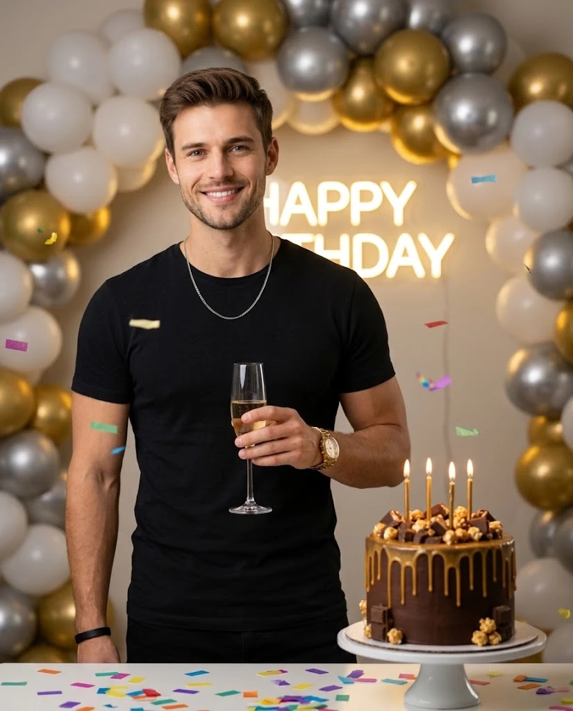 Hyper-realistic birthday portrait with champagne and cake image 1