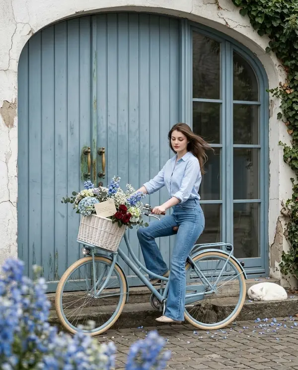 Young Woman on Vintage Bicycle Editorial Portrait