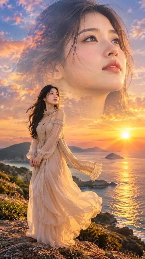 Double Exposure East Asian Woman Coastal Portrait