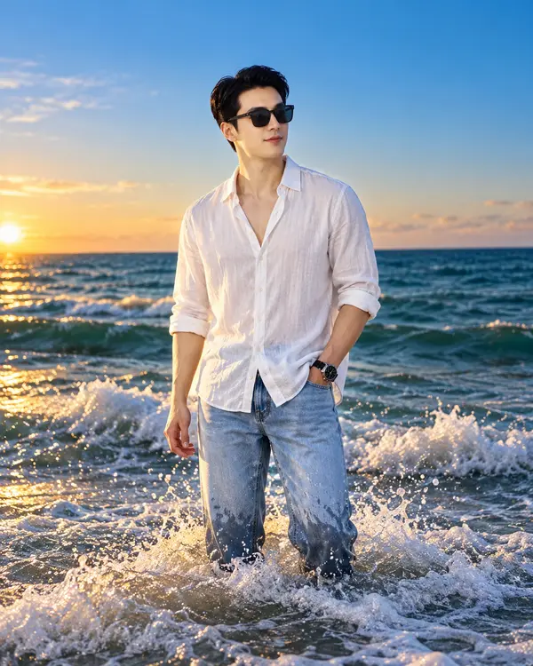 Man in Ocean Waves Golden Hour Portrait