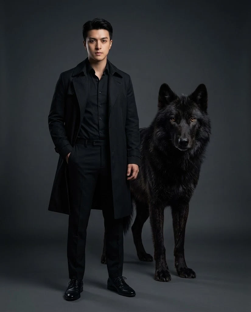 Young Man with Black Wolf Studio Portrait image 1
