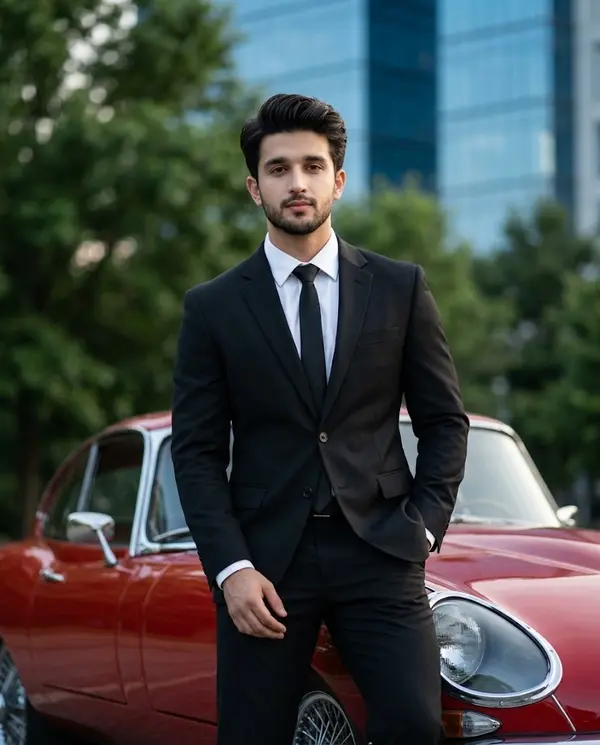 Handsome man in suit leaning on vintage red sports car