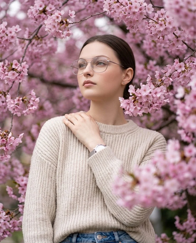 Woman among cherry blossoms serene portrait image 1