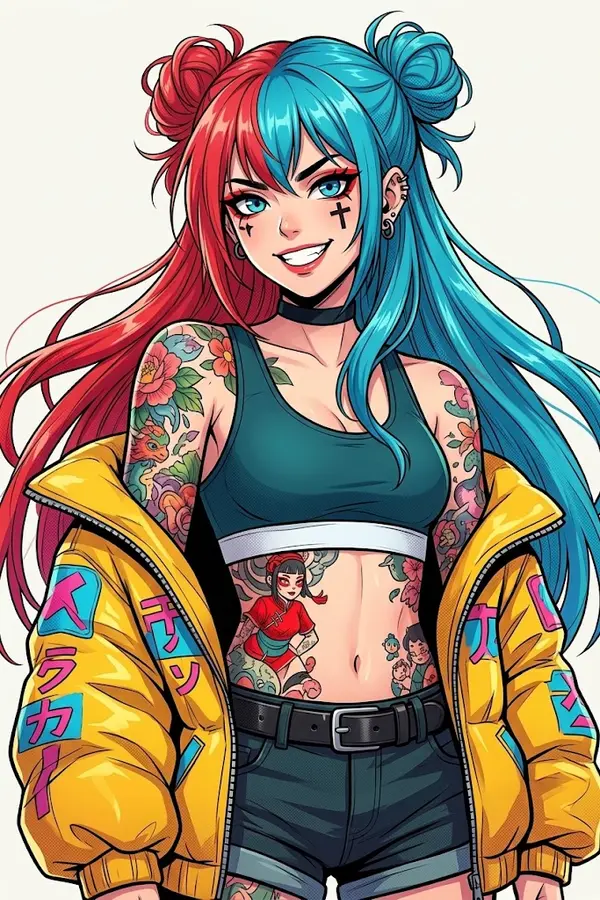 Punk anime girl with split dyed hair portrait