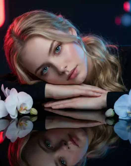 Hyper-realistic woman portrait with neon rim lighting