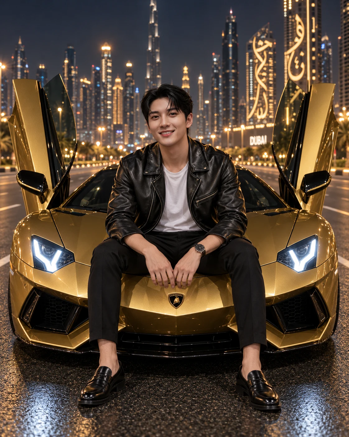 Cinematic night portrait with golden supercar image 1