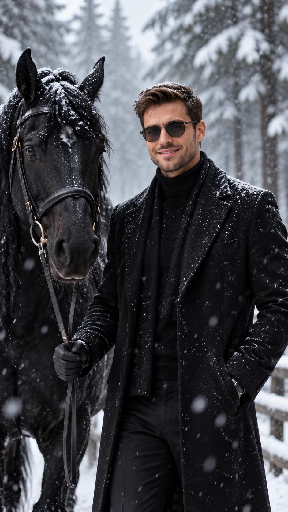 Man With Black Horse in Snowy Forest image 1